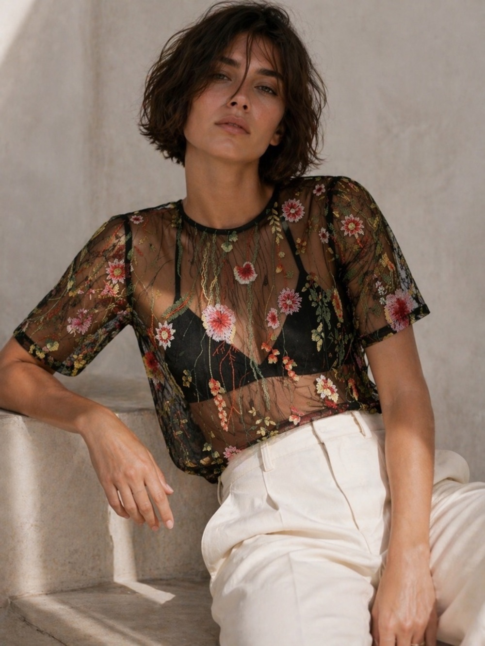 Spencer & Olivia Floral Embroidered Sheer Blouse